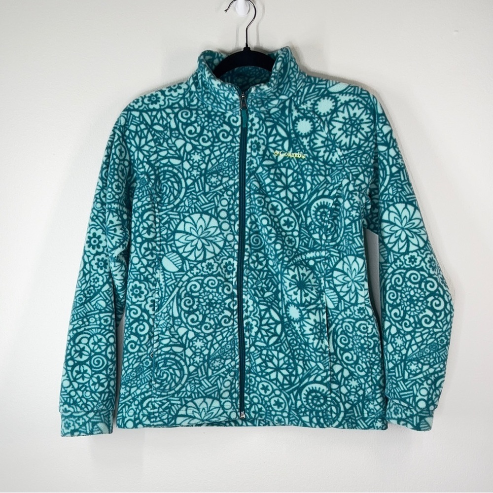 COLUMBIA Girls L 14-16 Floral Fleece. Zip up. Pockets